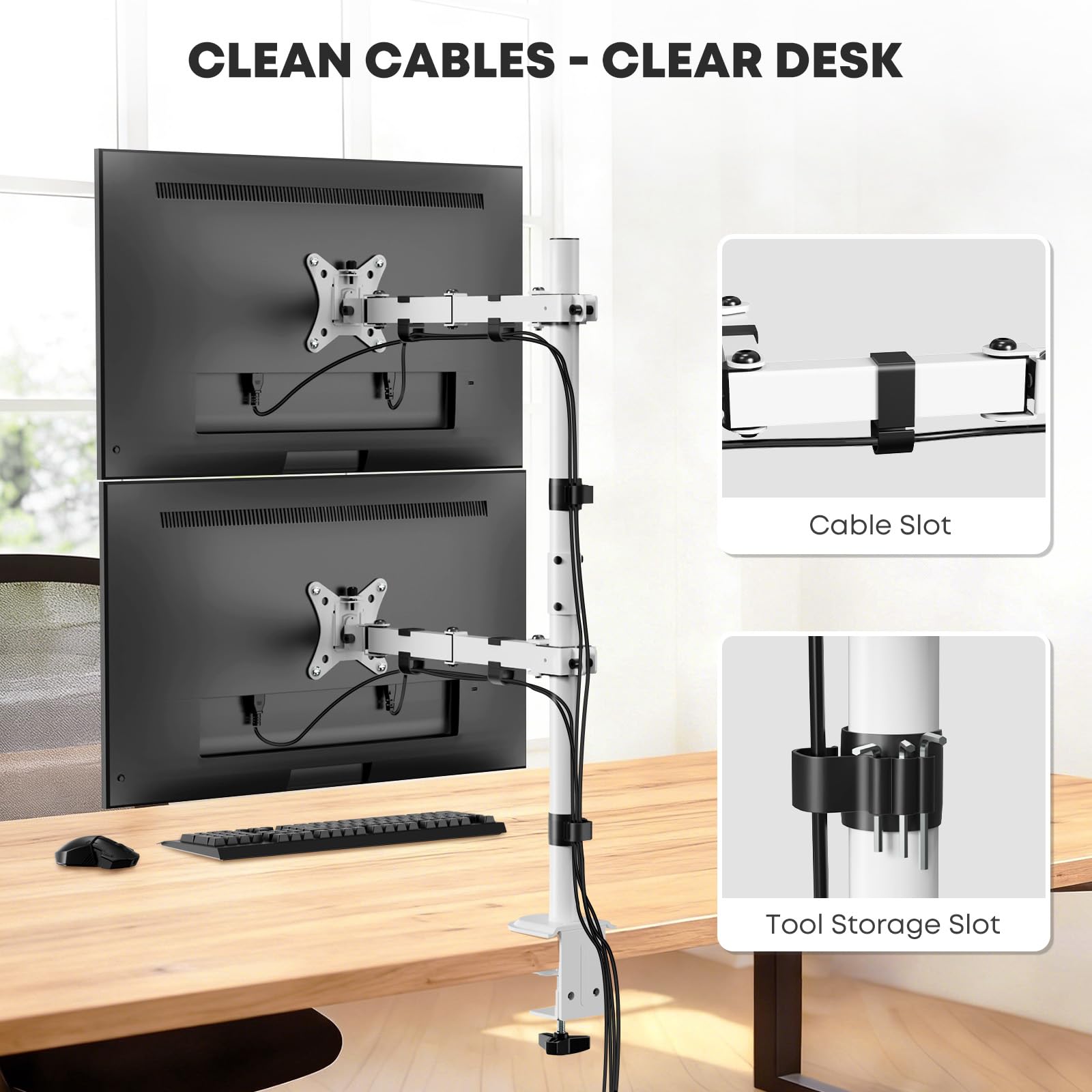 Supporto Doppio Monitor - Asta Extra Alta 80 cm per 2 Monitor 17-32" (fino a 9kg per braccio) VESA 75/100 - Braccio Orientabile, Inclinabile, Ruotabile - Impilamento Verticale