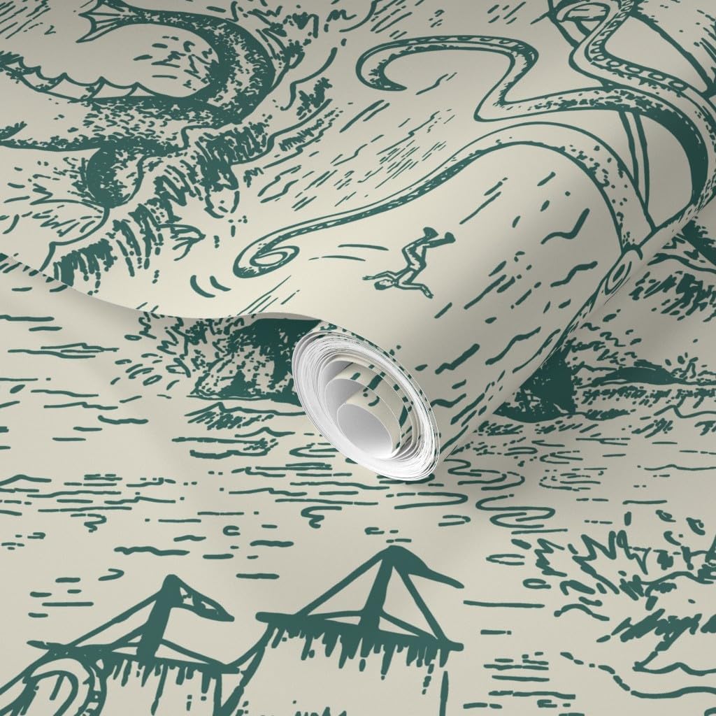 Removable Wallpaper Swatch - Teal Green Sea Creatures Kraken Octupus Mythology Mermaid Toile Monster Ocean Hippocampus Horse Custom Pre-Pasted Wallpaper by Spoonflower