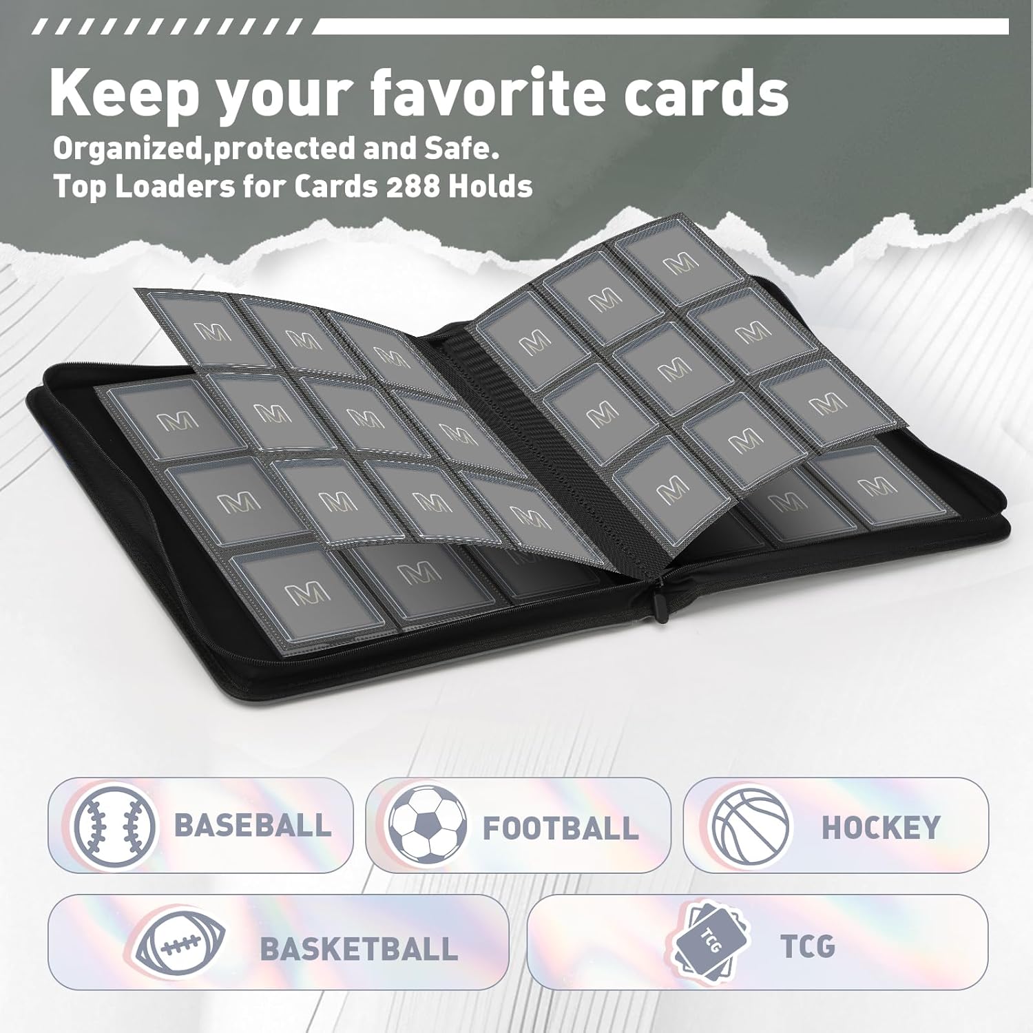 Toploader Binder,Trading Card Binder Storage Hold up 288 Cards 9-Pocket Top Loader Binder with Sleeves for 3"x4" Rigid Toploaders Hard Cases (9Dark Grey)
