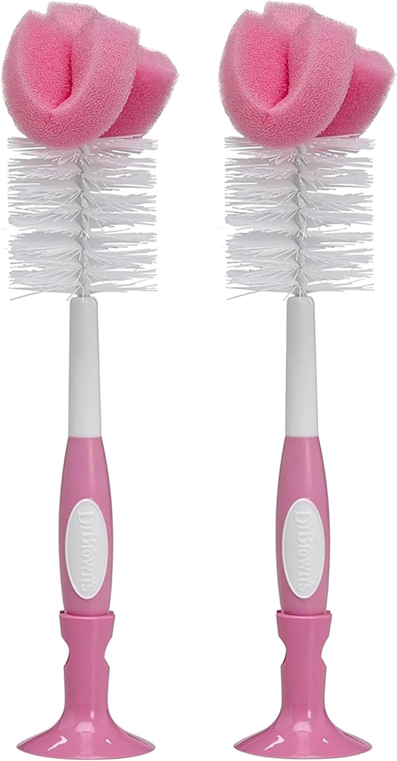 Reusable Sponge Baby Bottle Cleaning Brush with Suction Cup Stand, Scrubber and Nipple Cleaner, BPA-Free, Pink, 2-Pack