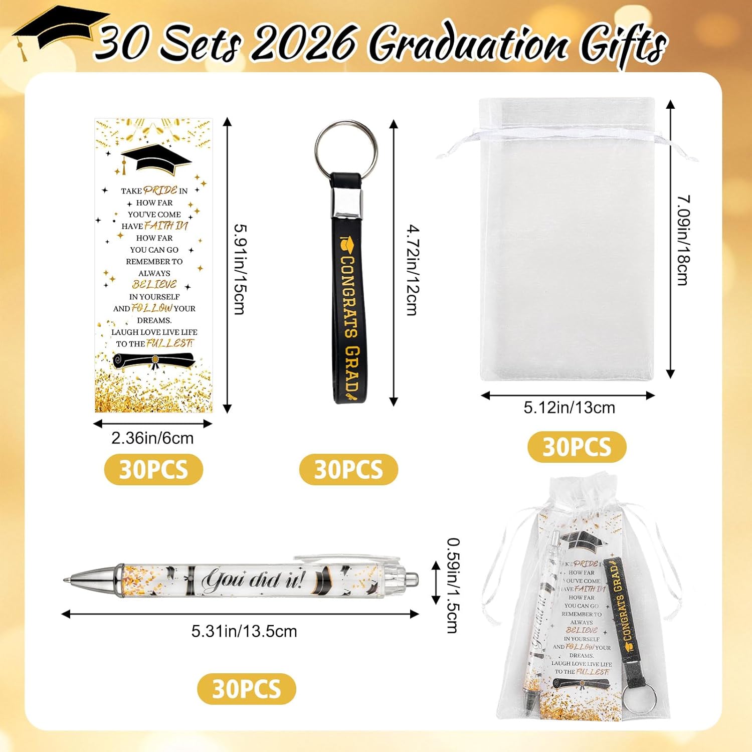 120 Pcs Graduation Gifts Bulk Class of 2026 Graduation Party Favors, 30 Ballpoint Pens 30 Bookmarks 30 Keychains 30 Organza Bags for University College Middle Senior High School Graduates Grad Party