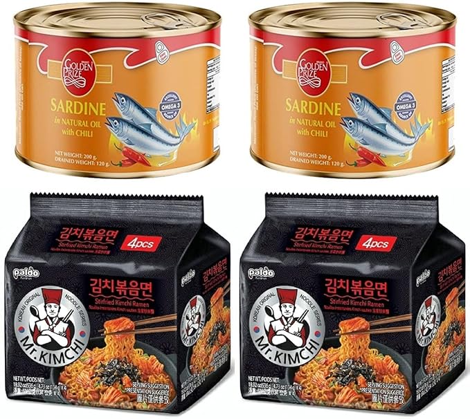 Golden Prize Sardine in Natural Oil with Chili 200 Gms (2 Units) and Paldo Mr. Kimchi Noodles 134 Gms (2 Units), Combo Pack, Pack of 4