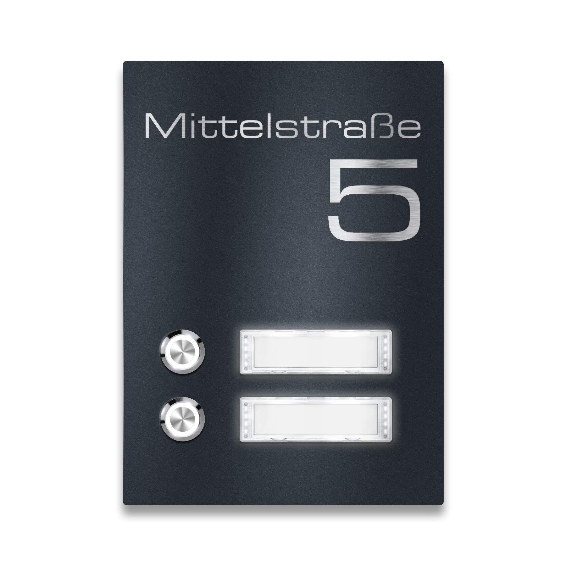 Metzler® Edelstahl Türklingel mit 2 Tastern und austauschbaren Namensschildern anthrazit RAL 7016 wetterfest IP67 Aufputz-Montage LED-beleuchtbar 156x220mm 10 Jahre Ersatzteilverfügbarkeit