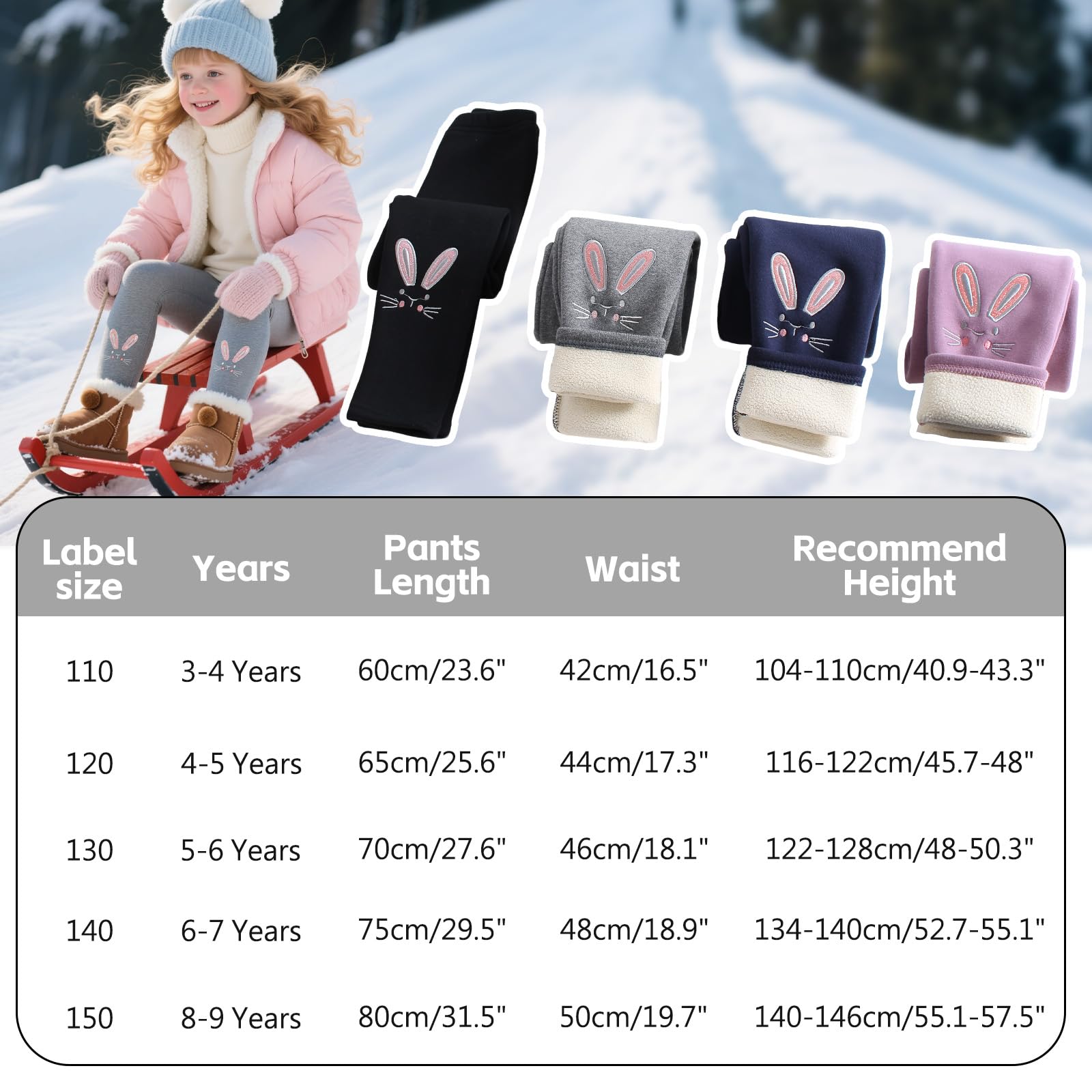Termiczne legginsy dziewczęce z podszewką, ciepłe legginsy z polarem, grube, długie spodnie, dziecięce, bawełna, elastyczne spodnie zimowe, wzór królika, spodnie termiczne, rozm. 104-146