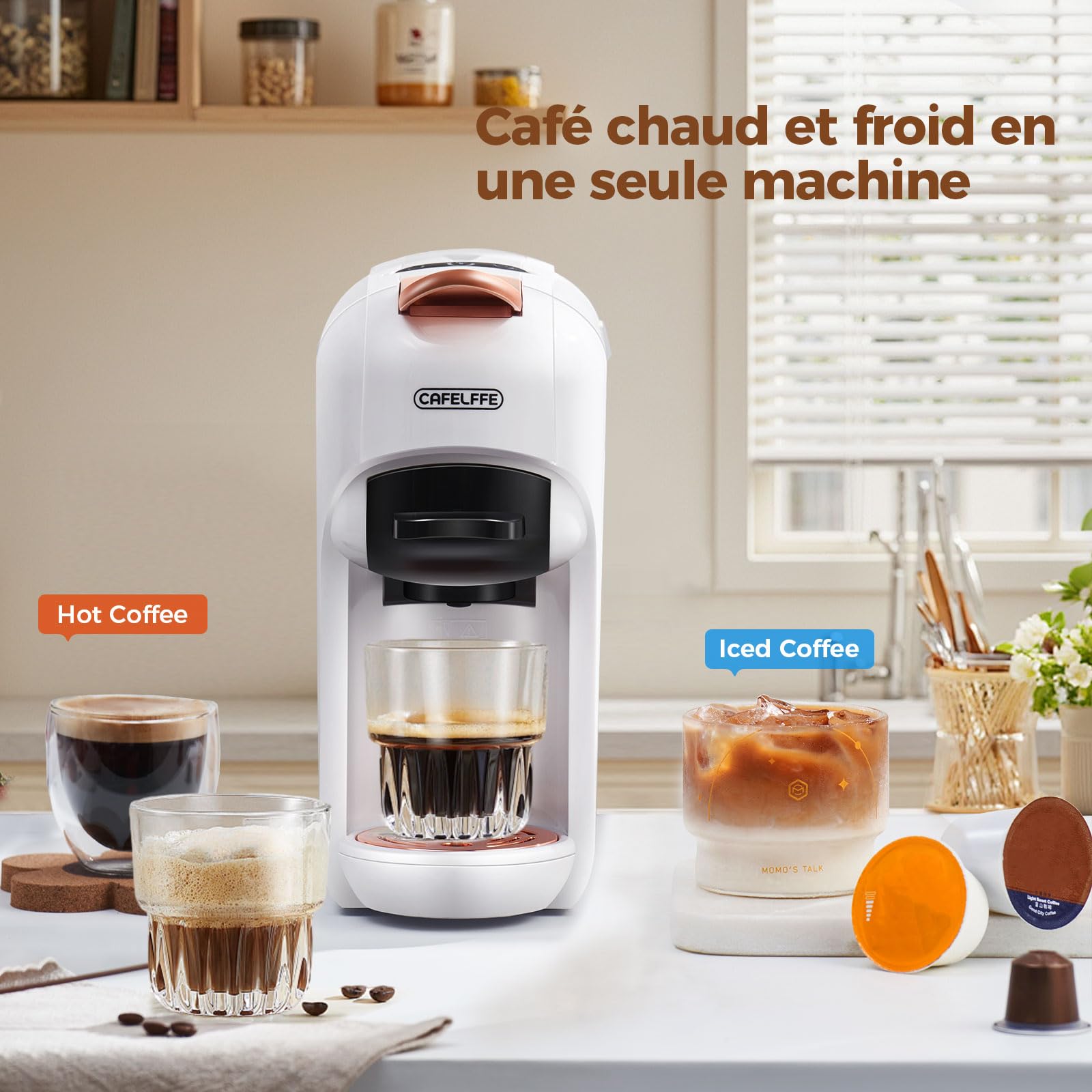 Cafelffe MK-606 Machine à café à capsules à service unique 5-en-1, Machine à expresso chaud/froid 19 bars, Compatible avec K-Cup/Nes Original/DG/44 mm ESE et mouture, 7 tailles d’infusion, 1450W,Blanc