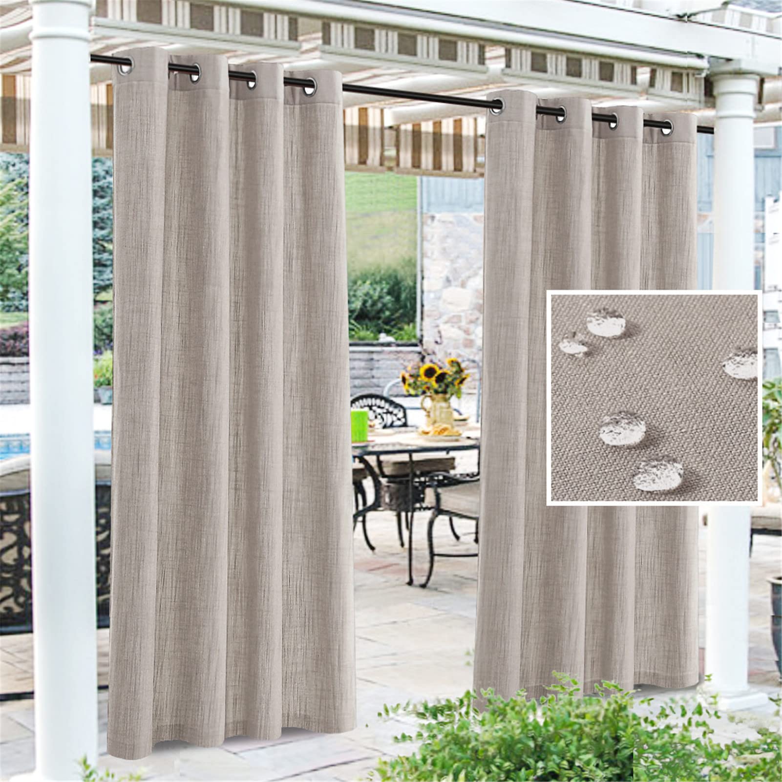 Outdoor gazebo curtains waterproof natural linen curtains with eyelet Windproof and UV protection Thermal Insulated Blackout Curtain for Patio Gazebo Porch bedroom,2 Panels,Stone,WxL:52x95 inch