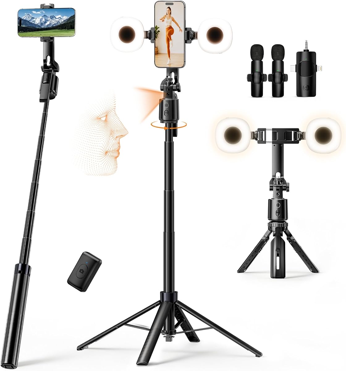 UBeesize 71" Vlogging Kit, Face Tracking Tripod, Desk Stand, Mics & Light | Supports Phones & Cameras,360°Auto Follow,Floor-to-Desk Setup with Remote for Vlogging,Live Streaming & Content Creation