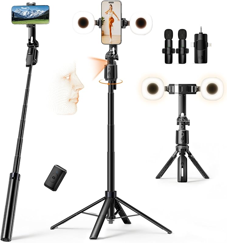 UBeesize 71" Vlogging Kit, Face Tracking Tripod, Desk Stand, Mics & Light | Supports Phones & Cameras,360°Auto Follow,Floor-to-Desk Setup with Remote for Vlogging,Live Streaming & Content Creation