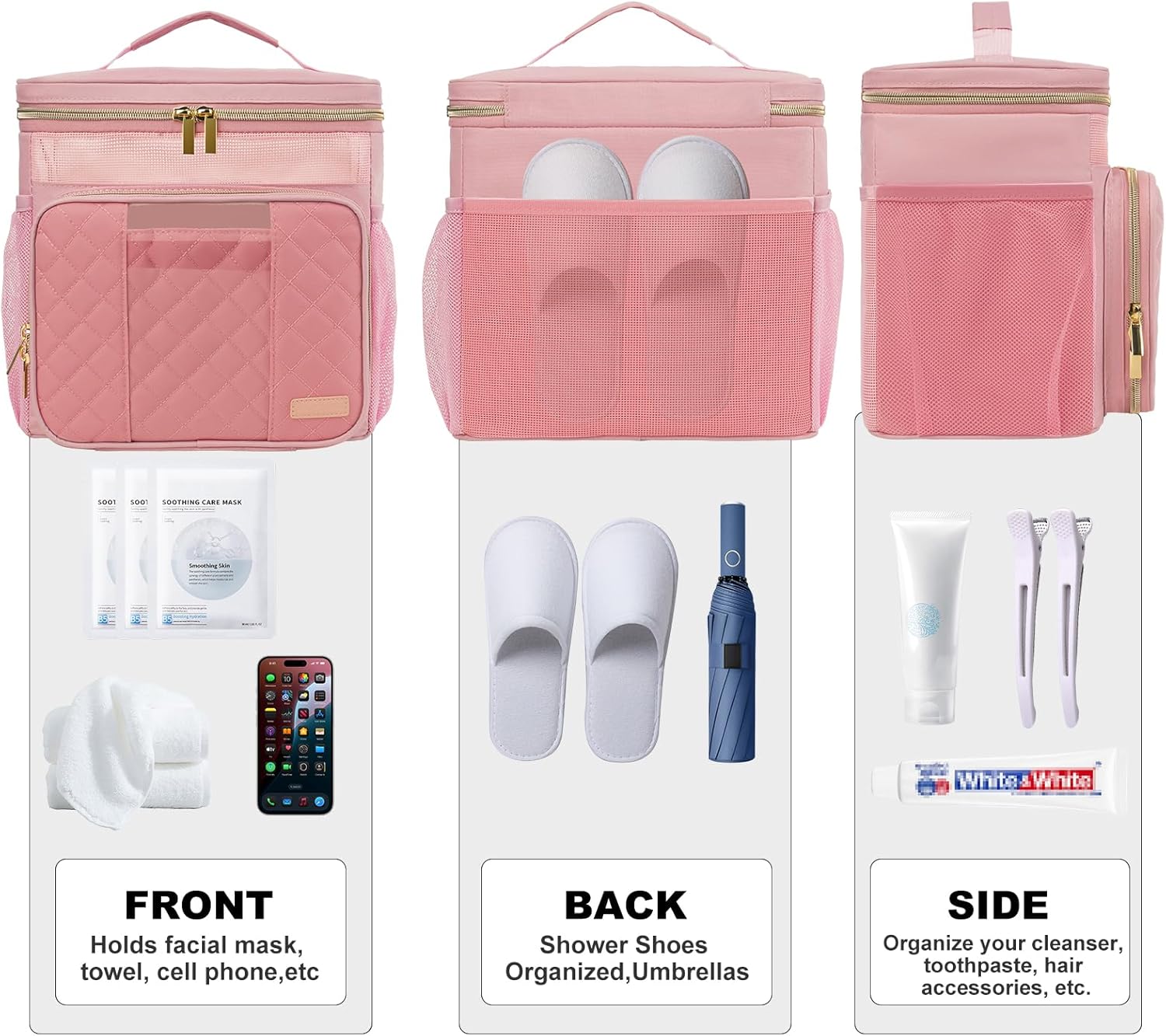 Portable Shower Caddy (Full Size Bottle Compatible),Travel Shower Tote Bag with Quick Dry Mesh Base,Hanging Toiletry Cosmetic Bag for Gym,College,Camping & Dorm, Pink - Image 2