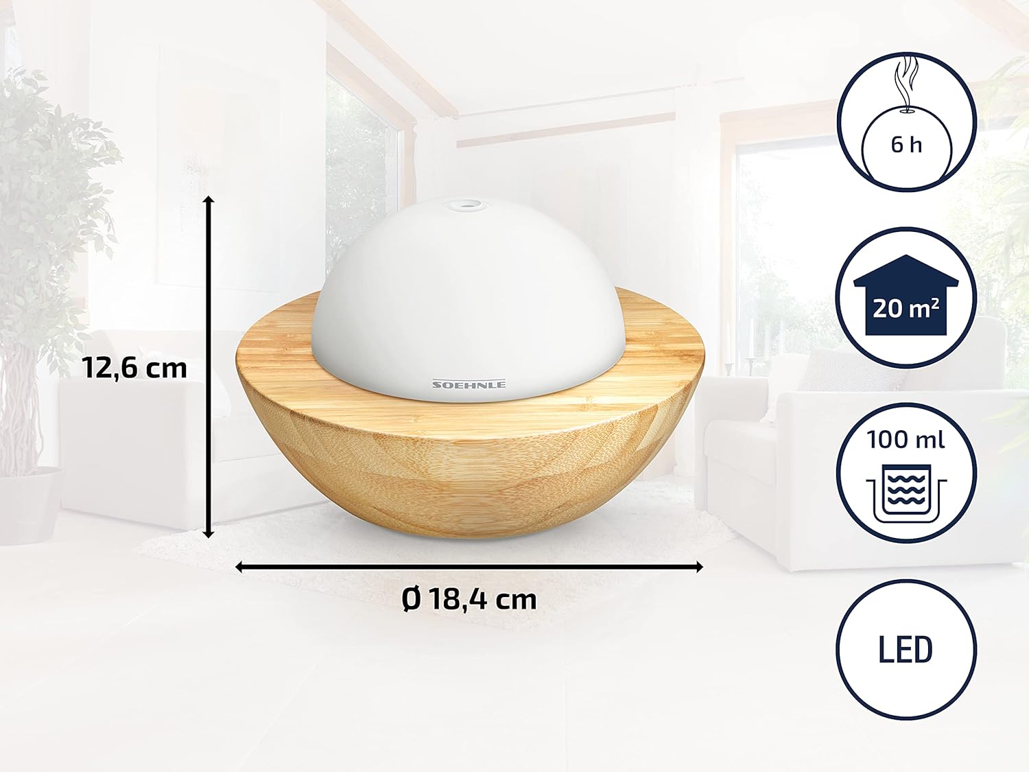 Soehnle Modena Aroma Diffuser with dimensions: 12.6 cm height and 18.4 cm diameter.