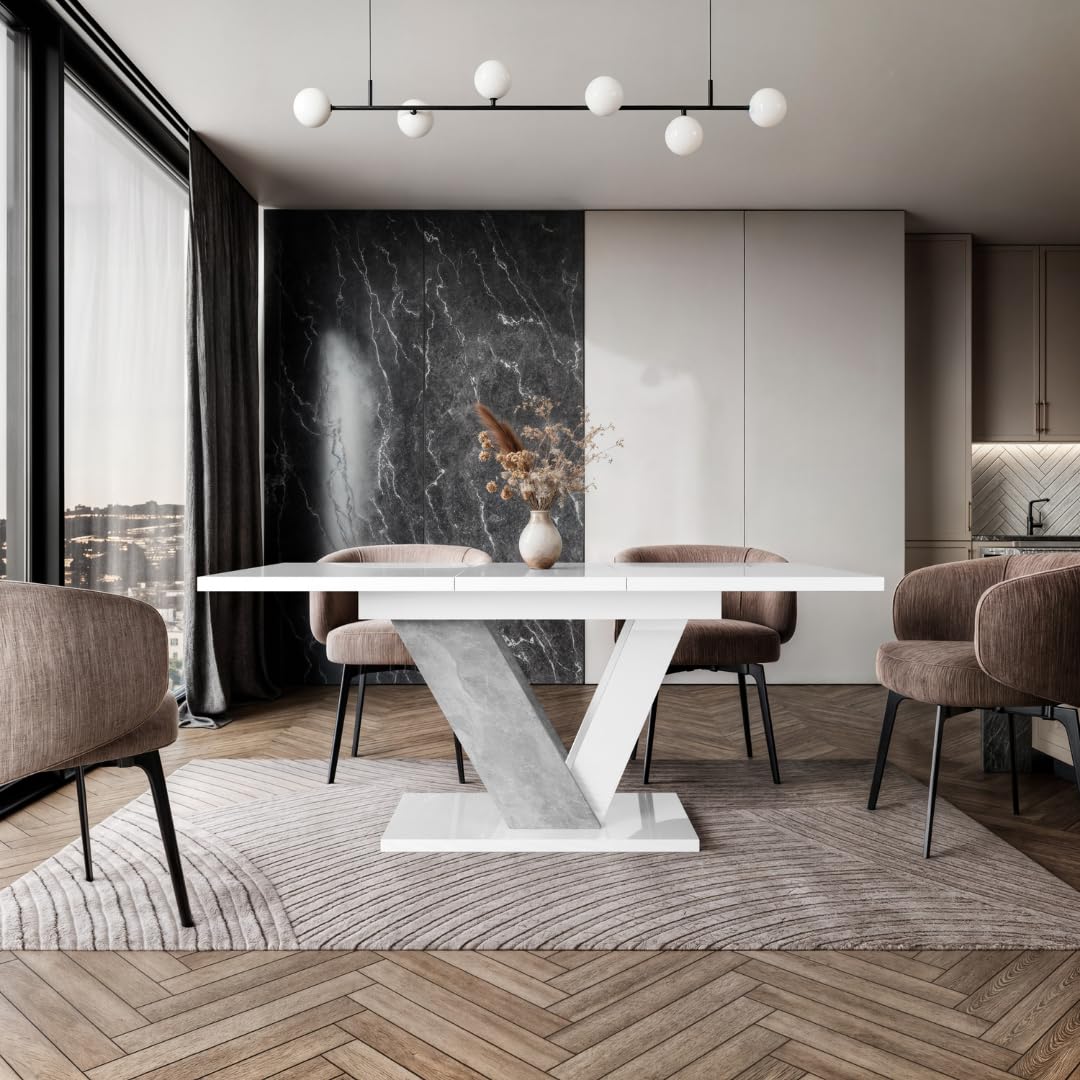 Dubai Eleganter Ausziehtisch 120-160x80 cm Großer Esstisch Loft Stil Weiß Hochglanz Betonoptik