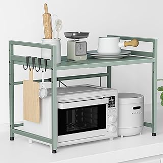 TKUIN レンジ上ラック キッチン 伸縮式 トースターラック 幅(39-65cm) 伸縮可 オーブンレンジラック 棚板高さ調節可 電子レンジ 台 収納 耐荷重50kg フック4つ付き 組み立て簡単 おしゃれ (グリーン)