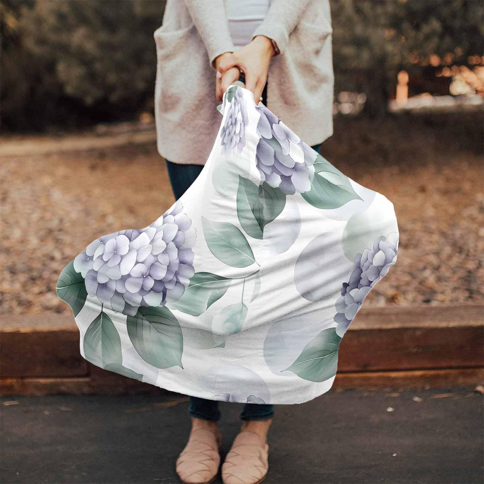 Green Leaves Country Style Nursing Cover for Breastfeeding Scarf, Watercolor Purple Hydrangea Baby Car Covers Super Soft Multi Use for Canopy Shopping Cart Cover Blanket Stroller Cover
