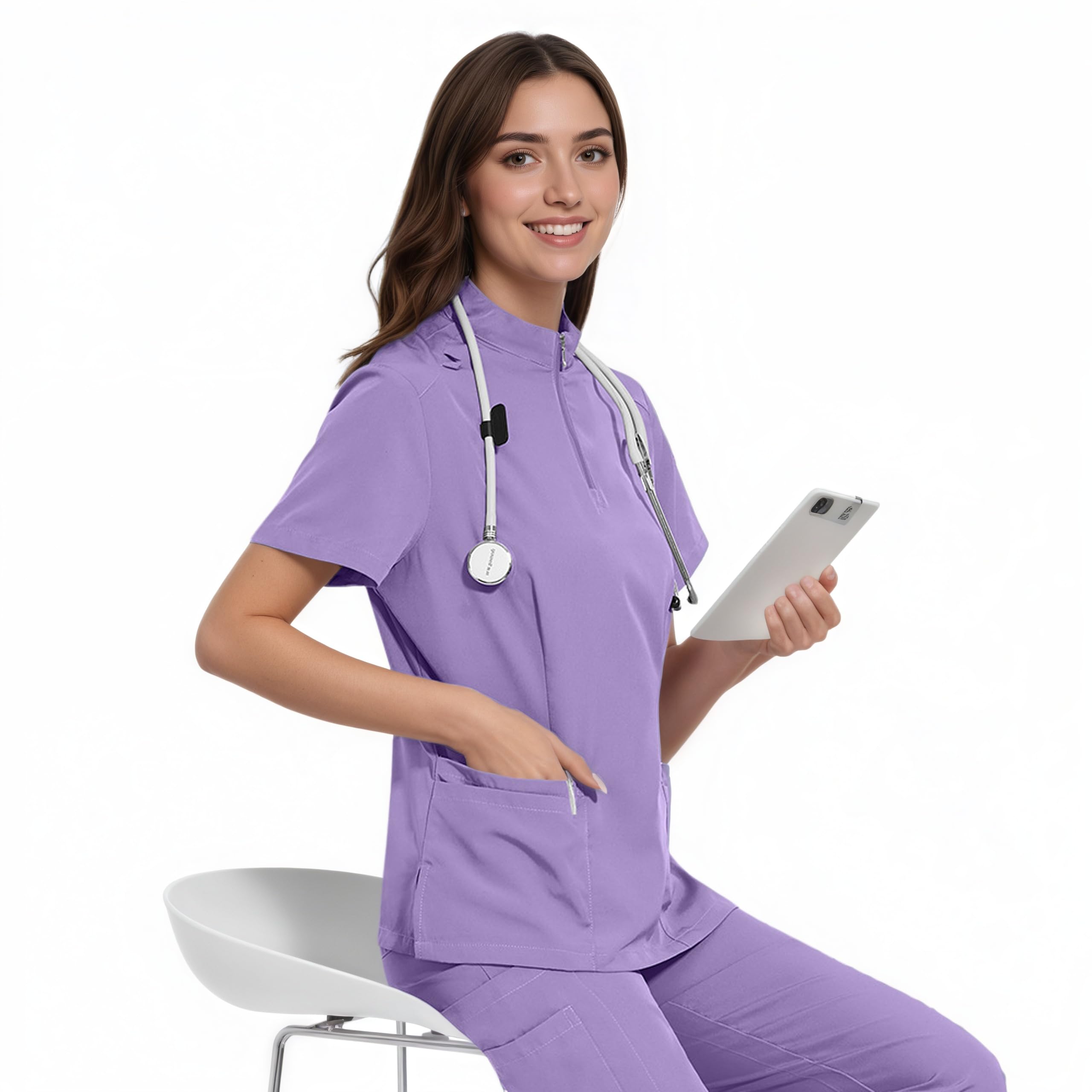 ThreeH Set Pantaloni e Camice per Uomo e Donna Divise mediche e sanitarie Camice con Colletto Alto e Pantaloni Jogger con Cintura in Vita e Tasche Multiple