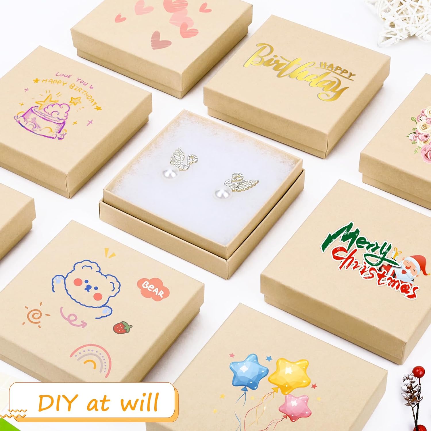 Jewelry Gift Boxes, Cardboard Jewelry Boxes, 40 Pack 3.5x3.5x1 Inch, Bulk Cotton Filled Small Jewelry Boxes with Lids for Necklace Ring Bracelet Earring Display Box (Brown) - Image 4