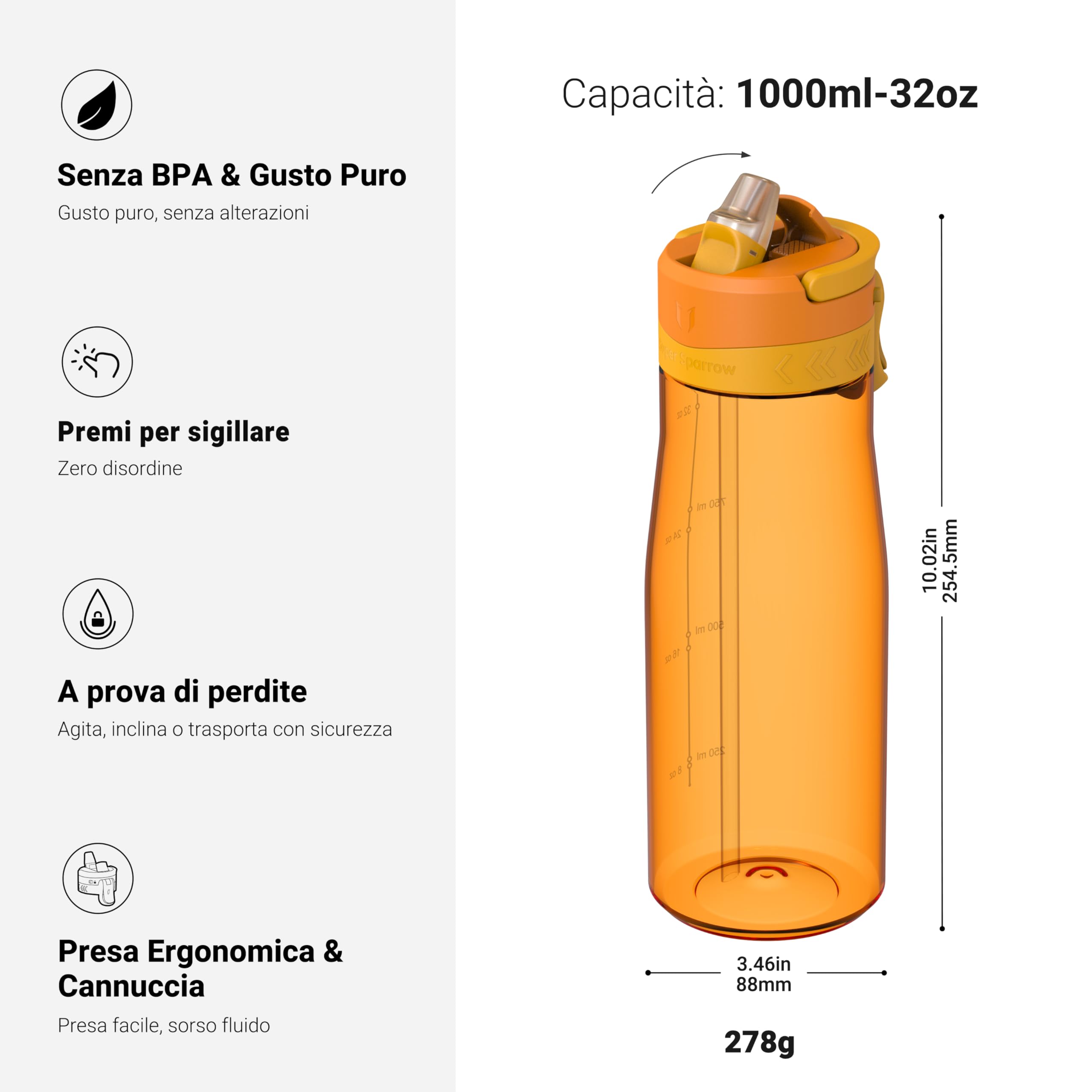 Sparrow Borraccia - 500ml, 750ml, 1L - TouchFlow Bottiglia Senza BPA - Senza Perdite Borraccia Cannuccia - Borracce Sportiva Flusso Rapido Con Un Clic per Scuola, All'aperto