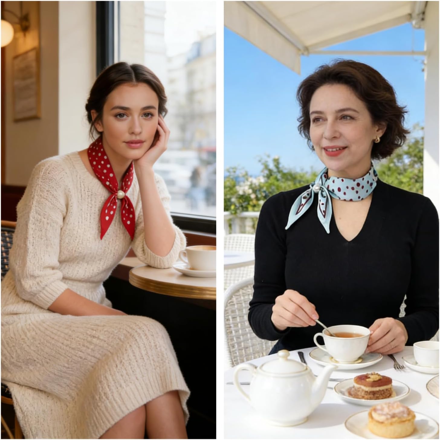 Women's Satin Neck Scarf with Magnetic Pearl Buckle,Mom's Scarf Retro Floral Print Elegant for Daily Office Party Gift