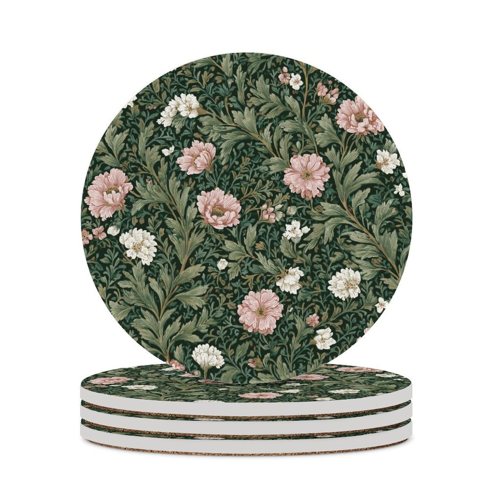 Green White Vintage Floral Pink Flowers Coasters Set of 4 Absorbent Coasters