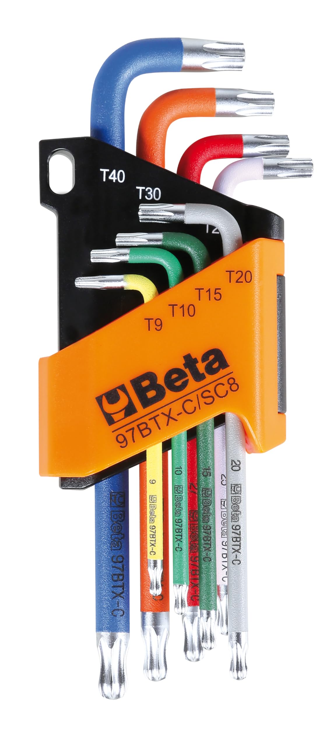 BETA 97BTX-C/SC8 - Serie di 8 chiavi maschio piegate colorate con un'estremità sferica per viti con impronta Torx