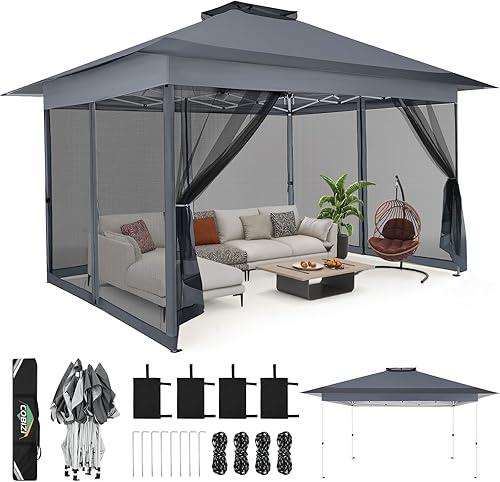 Miniatura 19 de COBIZI - Tienda desplegable de 3,66 x 3,66 metros en oferta - Cenador portátil de metal para exteriores con mosquitero, impermeable - Cenador Caqui