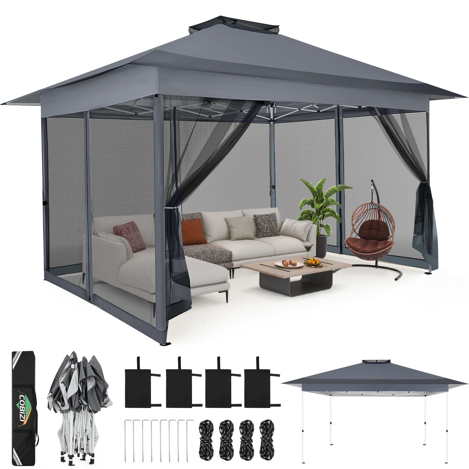 Photo 1 of C0BIZI Gazebo 10x15 Pop up Canopy,Gazebos on Clearance-Canopy Tent with Mosquito Netting for Lawn,Garden,Backyard & Patio-Outdoor Tent-Water Resistant and UPF50+ (Gray)