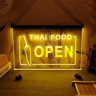 Thai Food Shop - Letrero de neón LED auténtico para decoración de restaurante, color amarillo vibrante, talla 3D, luz de neón para pared, alimentación por USB, señalización luminosa, 30 x 20 cm