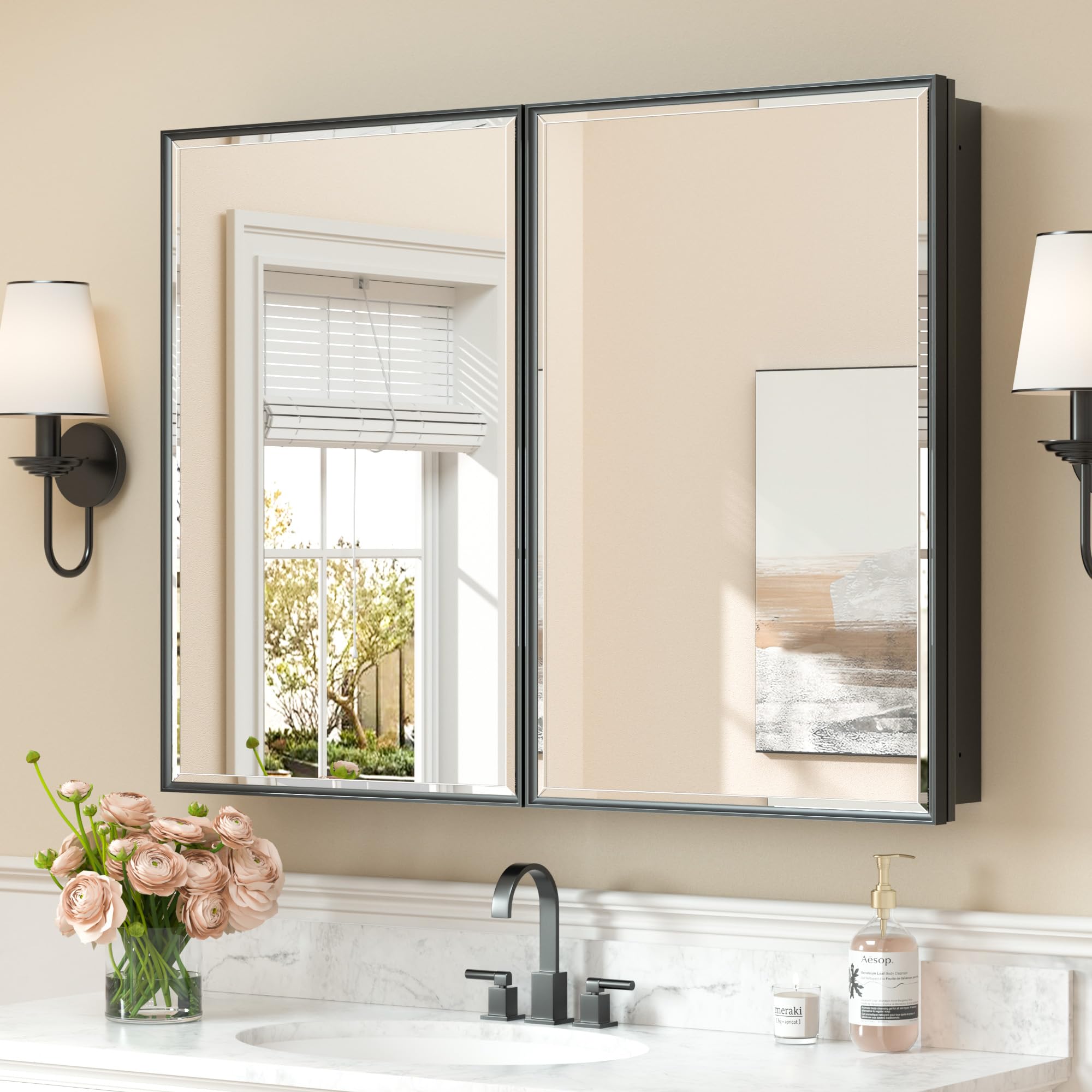 Keonjinn 40"x30" Large Black Bathroom Medicine Cabinets with Mirror, 2 Door