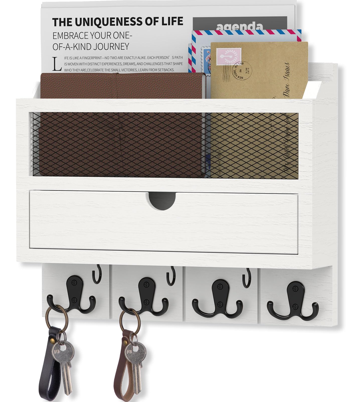 Nekon Portachiavi con cassetto per parete, 30,5 cm di larghezza x 25,4 cm di altezza x 7,9 cm di altezza, da parete, in legno, organizer per lettere e riviste (bianco)