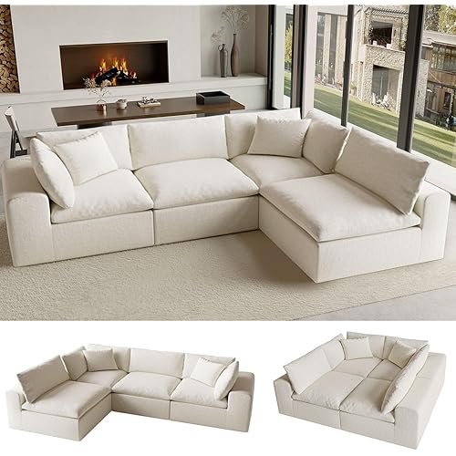 130" Modern Boneless Cloud Couch, Modular Sectional Couches for Living Room, L-Shaped with Deep Seats, No Assembly Required, 4-Seater Washable Fabric Sleeper Sofa, White