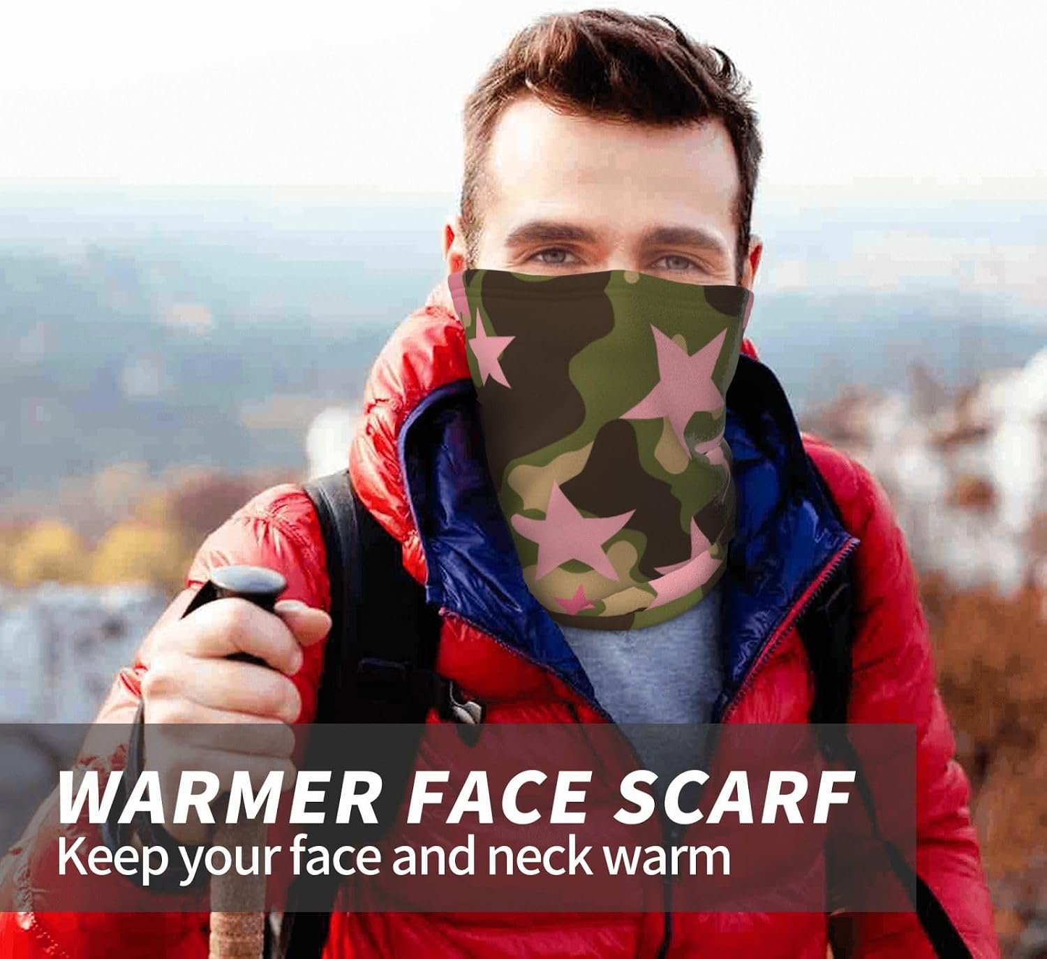 Winter Face Mask Elastic Headband Cold Weather Neck Warmer for Men Women, Pink Star Camo Adjustable Neck Gaiter