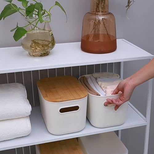 Vista 5 de Citylife - 2 contenedores de almacenamiento de plástico con tapas de bambú para organizar cajas de almacenamiento apilables con asa, 10.23 x 7.08 x