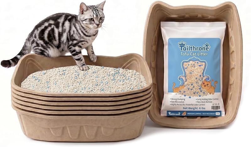 Disposable Cat Litter Box Kit Large, 6 Pack with Tofu Litter | 95% Bamboo Fiber, Ready-to-Use Solution, Odor Control, No Liners, No Scrubbing, Leak-Resistant, Travel & Multi-Cat Households