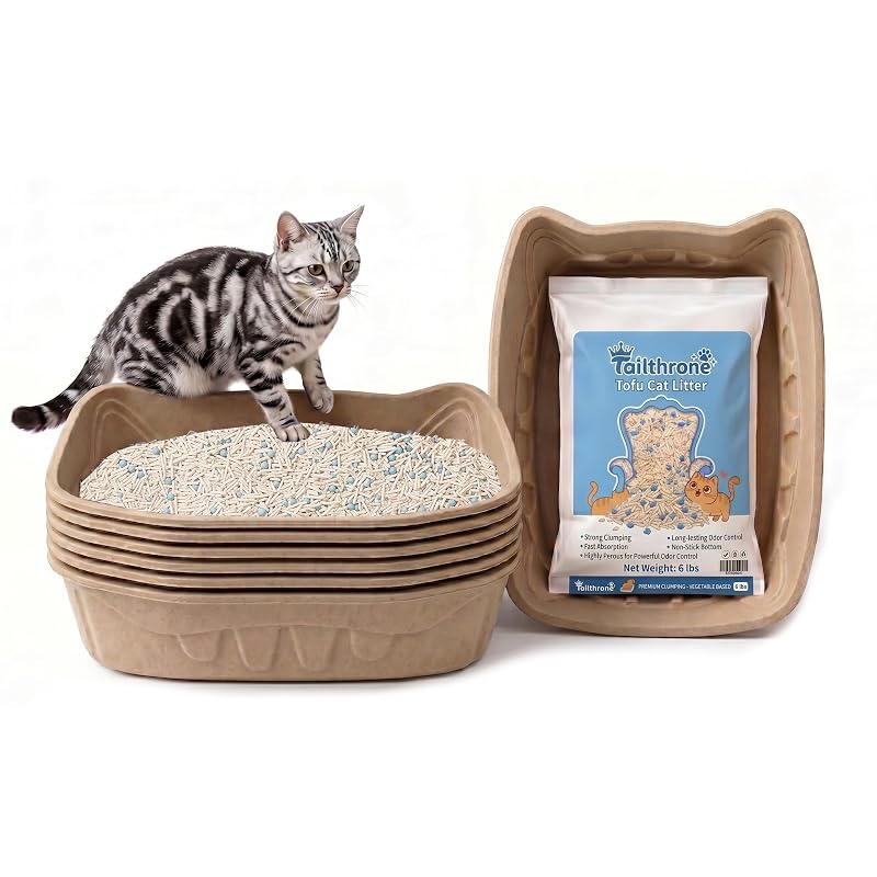 Caixa de Areia Descartável Grande para Gatos TailThrone com Fibra de Bambu e Areia de Tofu Natural, Pacote com 6