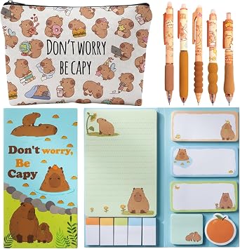 Capybara Stationery Set, School Supplies for Girls, 7 PCS Cute Office Supplies with Pencil Case, Pens and Sticky Notes, Capybara Gifts Party Favor for Stationery Back to School Office Supplies