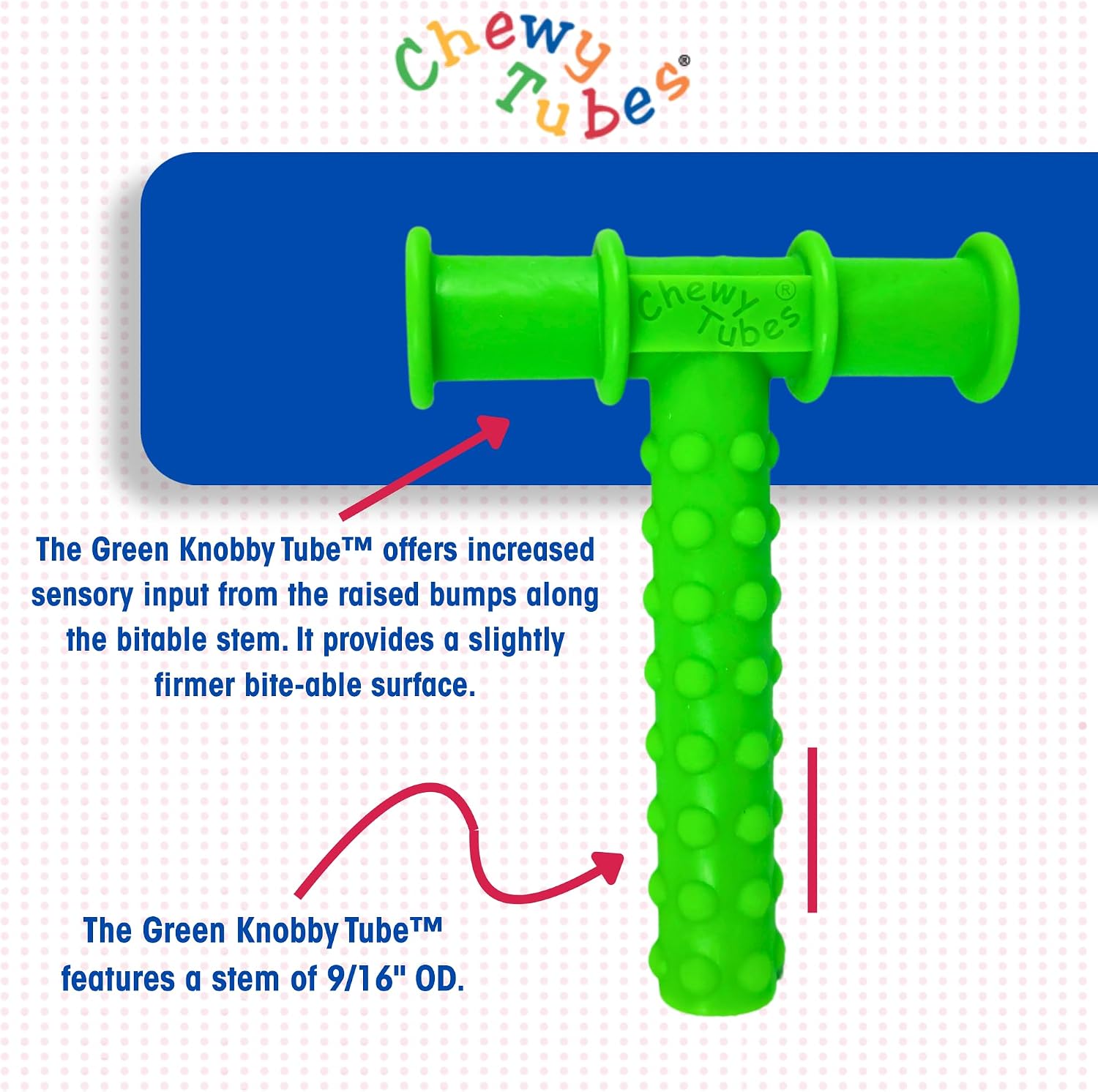 Chewy Tubes – Original Oral Motor Chewing Tool with Knobby Bitable Stem for Sensory Stimulation [Green, 9/16" Diameter] | Made in USA | Non-Toxic, FDA-Compliant | Invented by Pediatric SLP