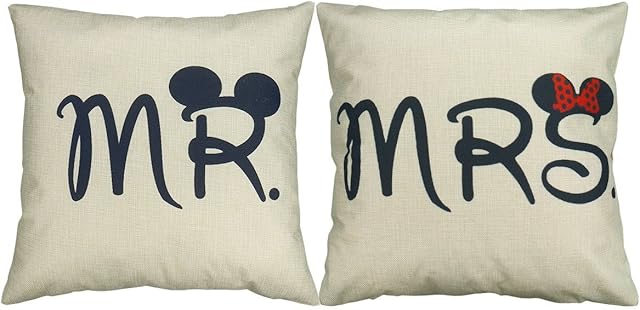 Luxbon Set of 2 Pcs Mr and Mrs Funny Mouse Cushion Covers 18x18 Couple Sofa Throw Pillowcase 45x45cm Cotton Linen Cushion Case Covers Wedding Valentine Gift Home Decors
