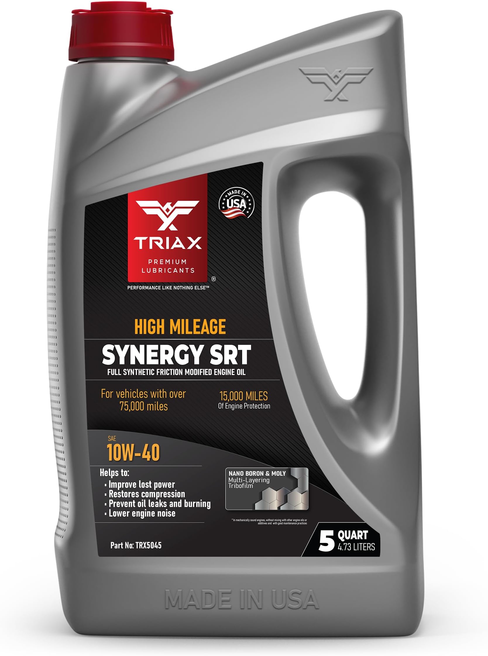 TRIAX Synergy SRT 10W-40 - Full Synthetic, Friction Modified Engine Oil - 20K Miles, API SP Licensed, 3x Wear Protection - Nano Boron and Moly Friction Modified (5 Quart)
