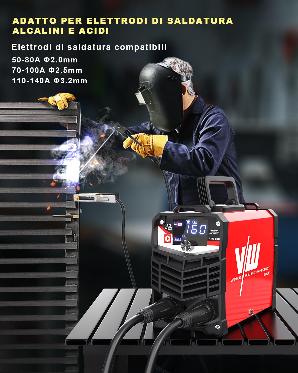 VECTOR WELDING 160A Saldatrice a Elettrodi, MMA/ARC/STICK Inverter Saldatrice, Saldatrice Portatile con IGBT e MCU per Principianti e Professionisti, ARC 160 con Hot Start, Arc Force