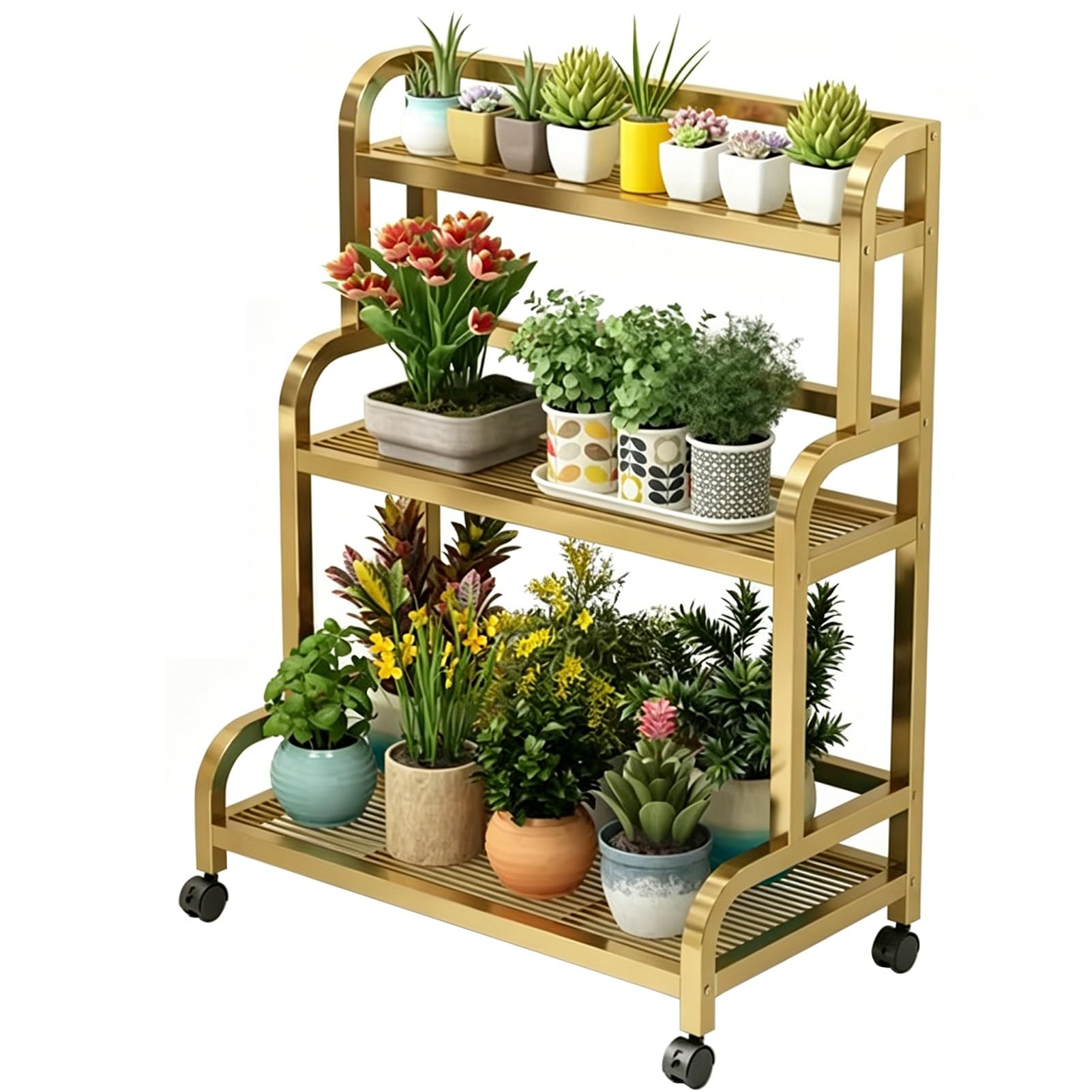 DMCHENGMA Plant Stand Indoor Tall Gold Metal Corner Shelf for Multiple Plants, 3 Tier Plant Organize Holder w/Wheels - Tiered Planter(100x40x107cm)