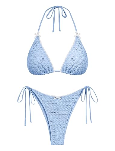 ZAFUL Women's Sexy Halter Bikini Sets Bow Decor Tiny Floral Print Bikini Swimsuits Tie Side Triangle Bathing Suits - Medium - 1-a-light Blue
