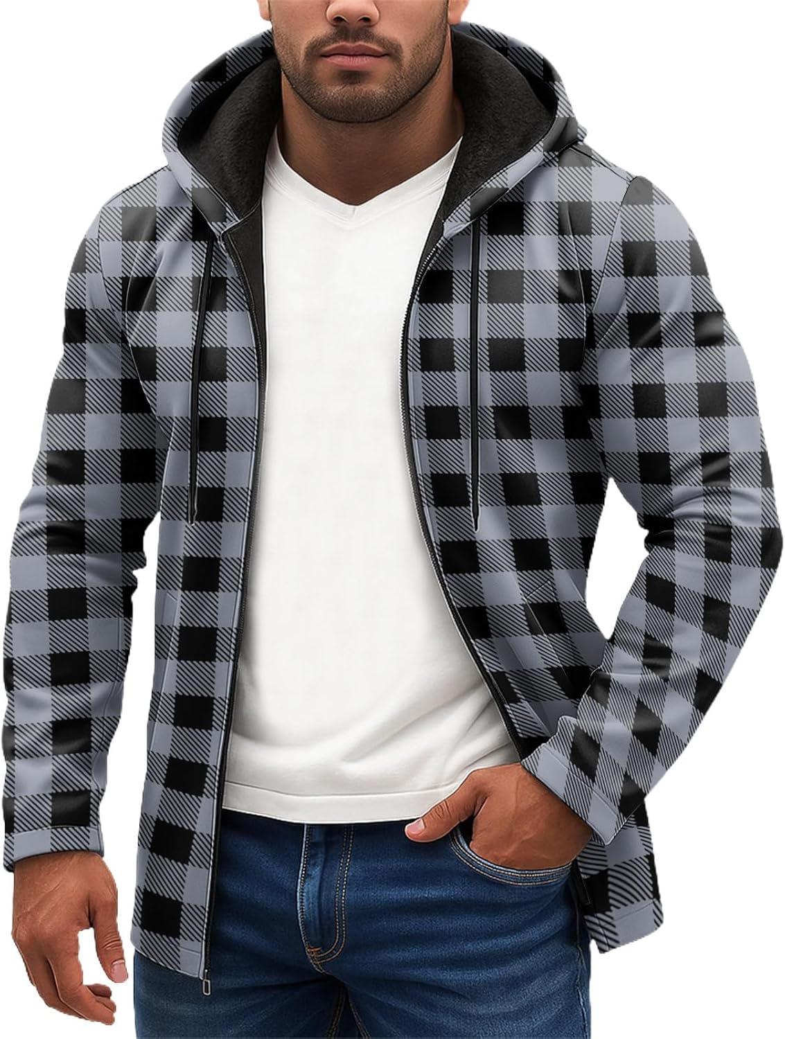 Men's Shirt Jacket Fleece Sherpa Lined Plaid Jackets Coat Full Zip Up Hoodie Winter Outwear, M-3XL