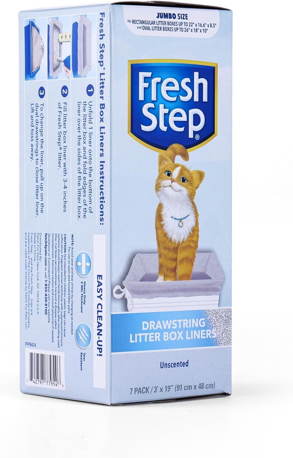 Fresh Step Jumbo Drawstring Cat Litter Box Liners, Unscented Heavy Duty Kitty Litter Bags for X-Large Oval or Rectangle Pans, Helps Contain Mess, Easy Lift Out Cleanup, 36 x 19 in, 7 Count - 4 Pack