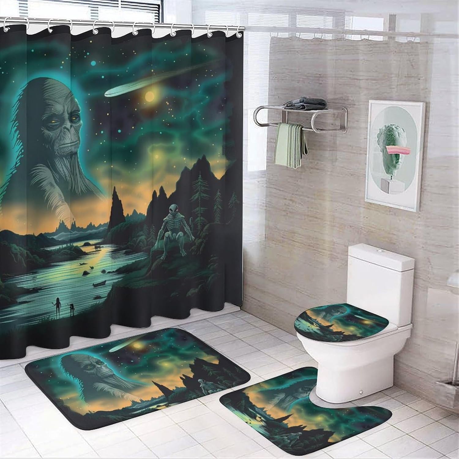 Aliens Bathroom Sets with Shower Curtain and Rugs 4 Piece with U-Shaped Floor Mat Toilet Lid Cover