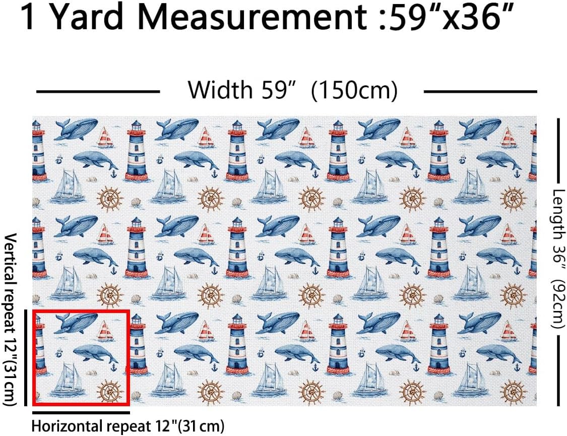 Feelyou Nautical Fabric by The Yard, Watercolor Ocean Lighthouse Sailboat Underwater Animal Theme Upholstery Fabric for Chairs and Home DIY Projects, Kids Decorative, 2 Yards Soft Flannel