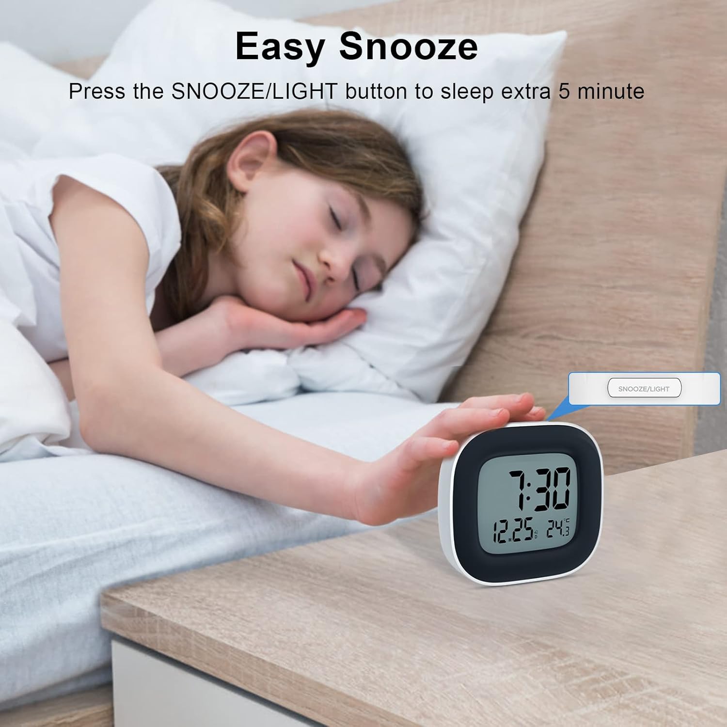 Child reaching to press the snooze button on the alarm clock