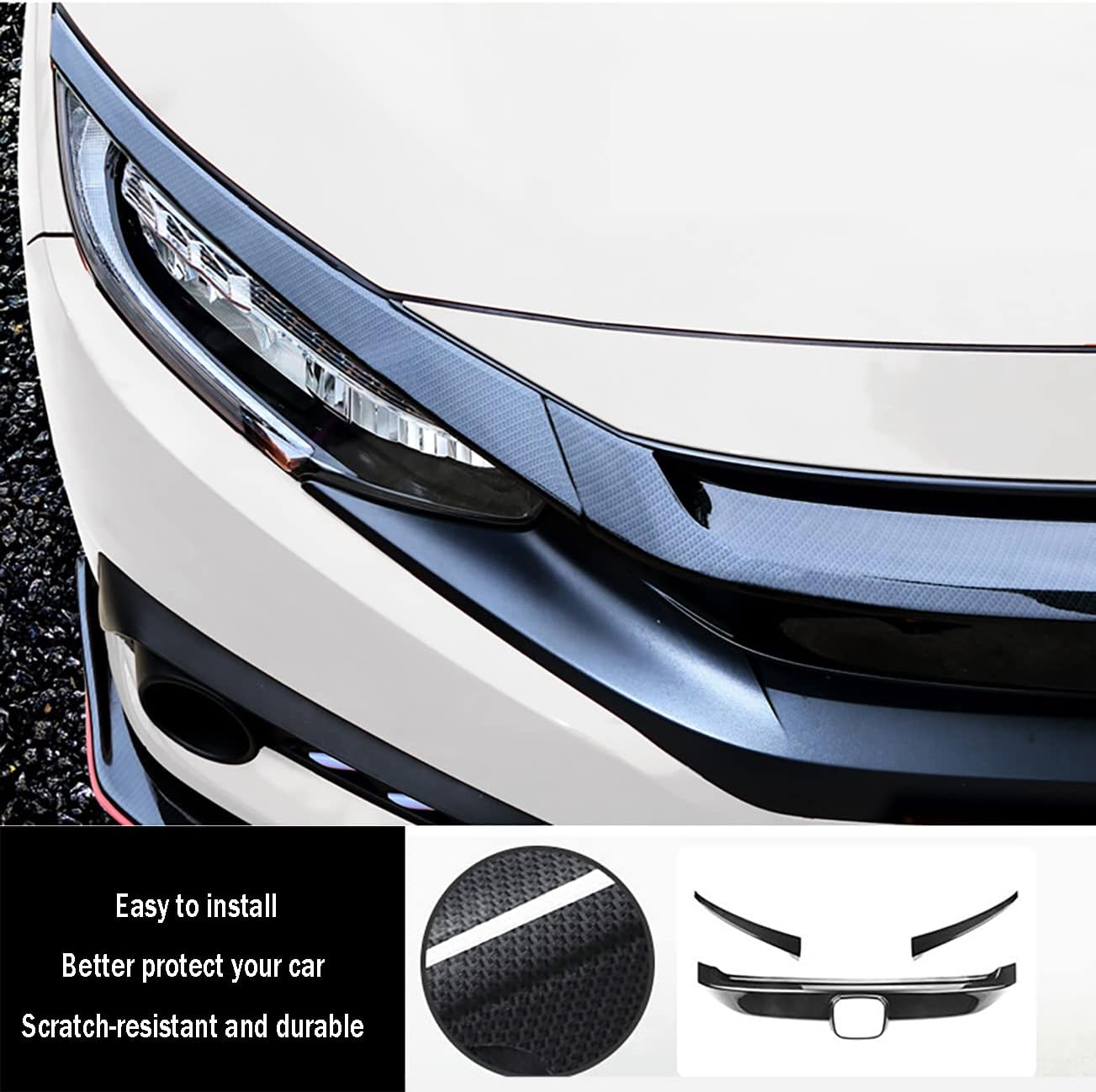 Car Accessories Fit for Honda Civic 10th Gen 2016-2021 Front Bumper Grille Cover Moulding Trim (Carbon Fiber Style) ABS 3 PCS