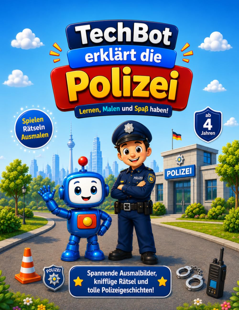 TechBot erklärt die Polizei Spannende Ausmalbilder, knifflige Rätsel und tolle Polizeigeschichten für Kinder ab 4 Jahren: Lernen, Malen und Spaß haben!