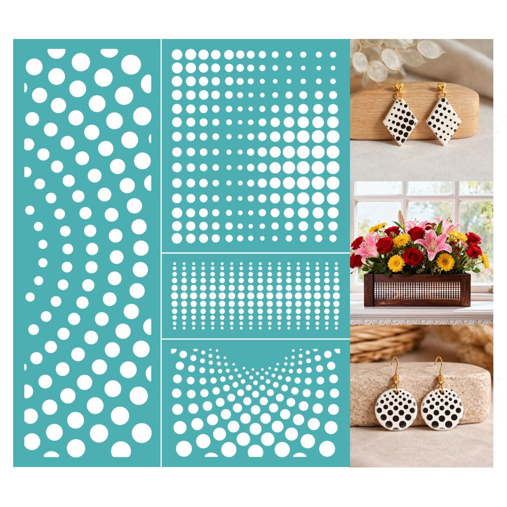 GOMAKERER 2 Sheets Dot Pattern Silkscreen Stencil, Polka Dot Wave Texture Self-Adhesive Silk Screen Printing Stencils Reusable Mesh Stencil for Painting on Wood, T-Shirt, Home Craft