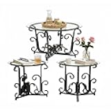 TOPKEY 3-Piece Coffee Table Set, Retro Black Metal Frame with Tempered Glass, Includes 1 Coffee Table and 2 End Tables, Modern Living Room Furniture for Apartments and Small Spaces