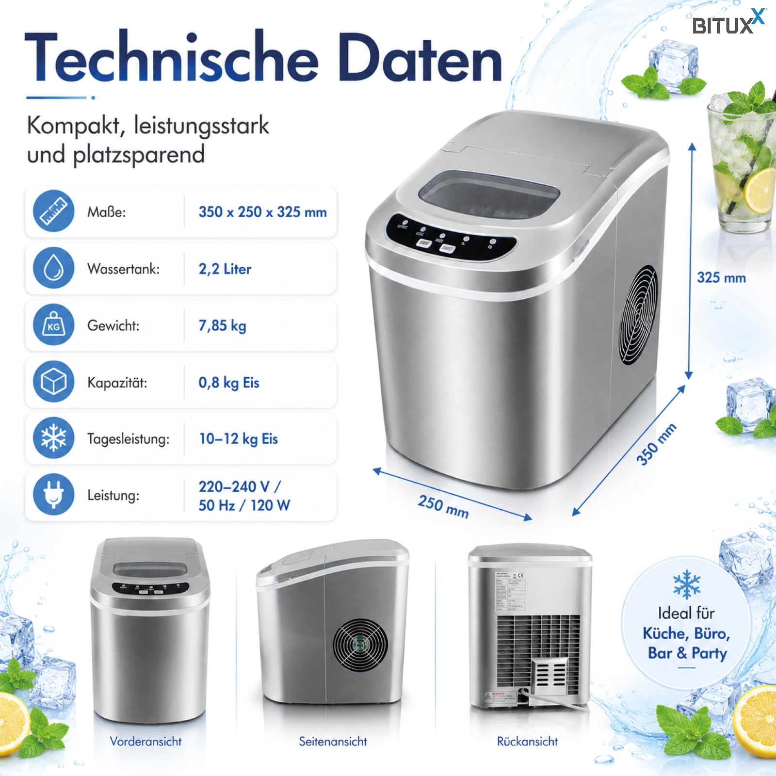 Eiswürfelmaschine Eiswürfelbereiter Eiswürfel Ice Maker Eis Maschine (Silber)